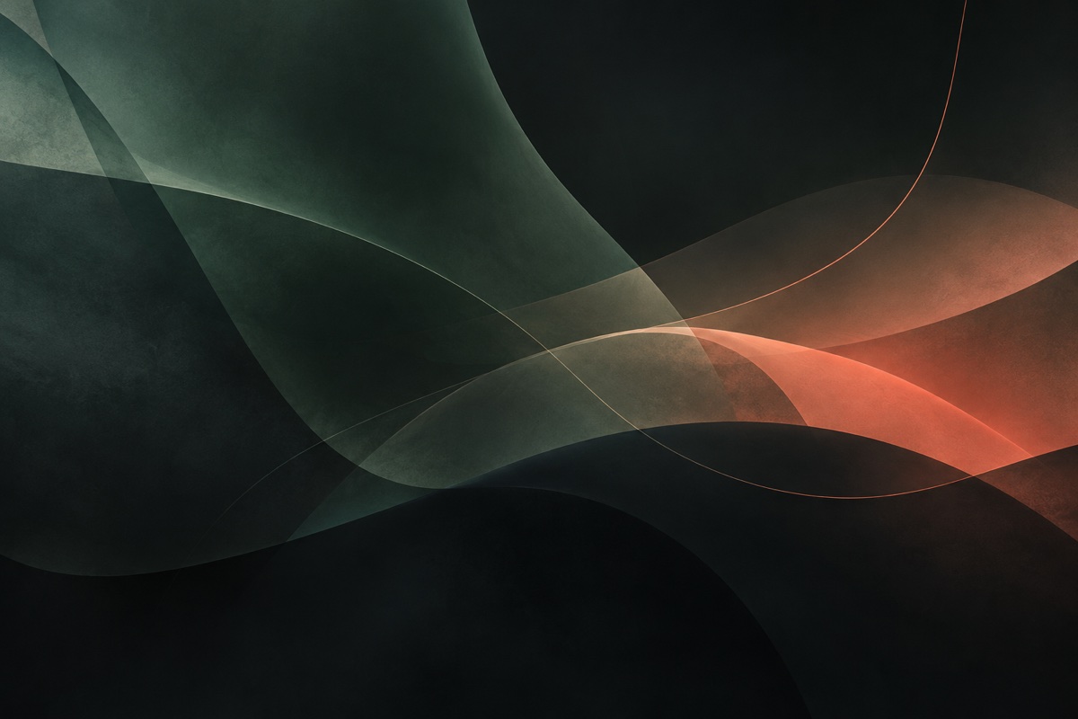An abstract composition of flowing green and coral forms